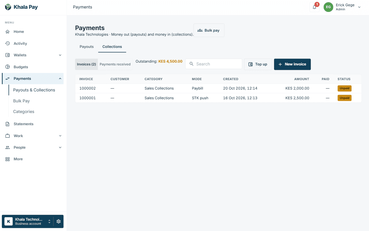 Khala Pay web app — Collections
