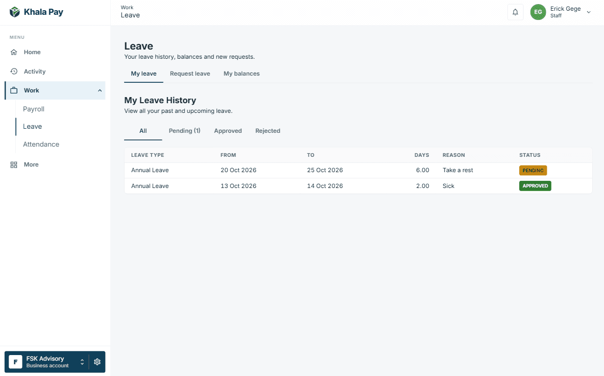 Khala Pay web app — HR & Leave
