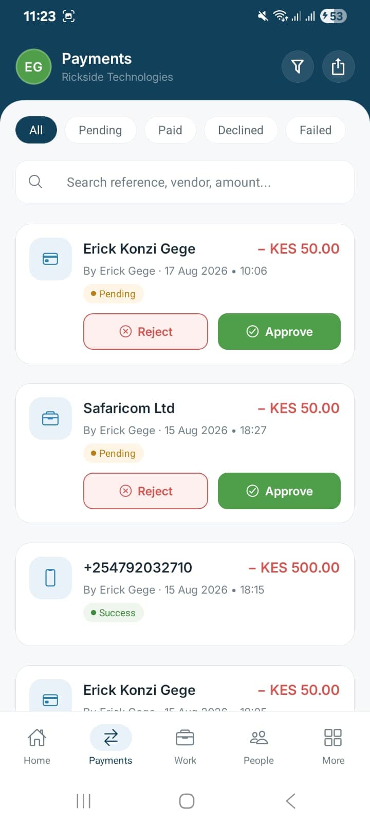 Khala Pay Payments screen